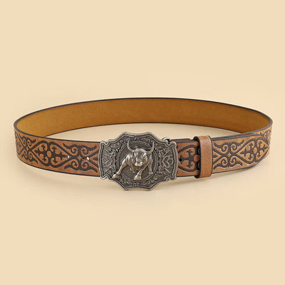 Men's Yak Matador Bull Engraved Floral Leather Belt