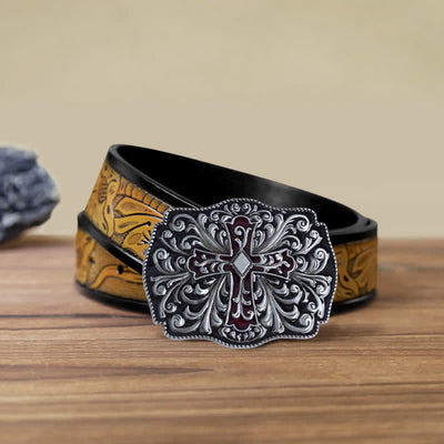 Men's DIY Red Enamel Cross Buckle Leather Belt