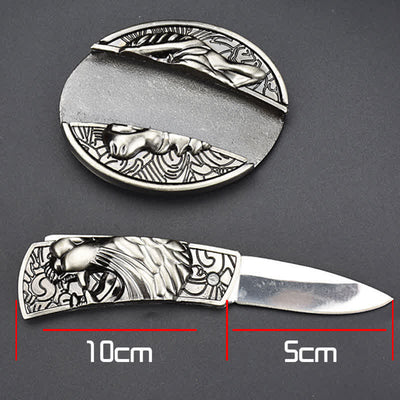 Men's DIY Roaring Tiger Hidden Folding Knife Leather Belt
