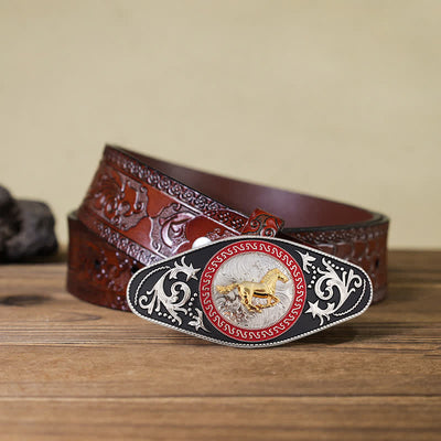 Men's DIY Western Black Gold Animal Buckle Leather Belt