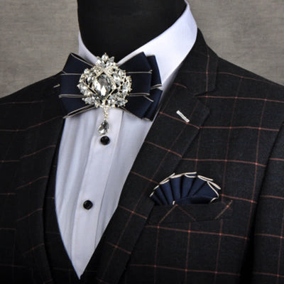 3Pcs Striped Rhinestone Brooch Bow Tie Set