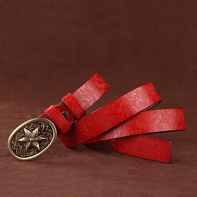 Women's Flower Embossing Five-Pointed Star Buckle Leather Belt