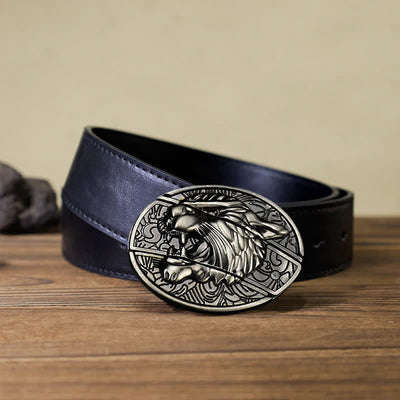 Men's DIY Roaring Tiger Hidden Folding Knife Leather Belt