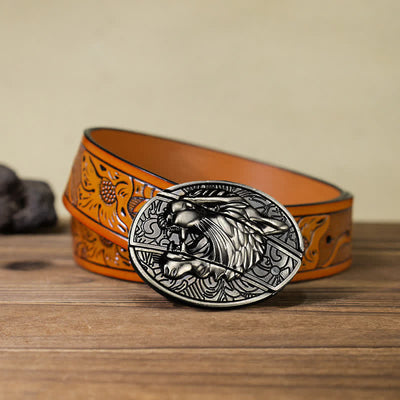 Men's DIY Roaring Tiger Hidden Folding Knife Leather Belt