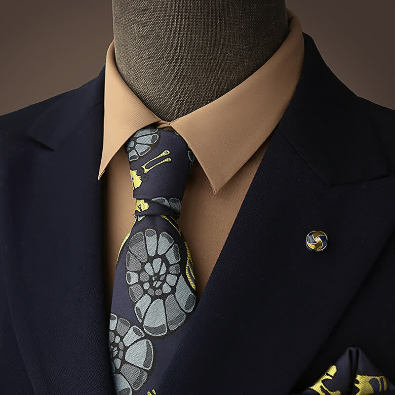 Navy & Yellow Men's Snail Floral Necktie
