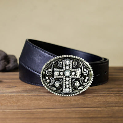 Men's DIY Crystal Rhinestone Cross Buckle Leather Belt