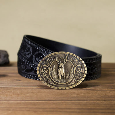 Men's DIY Forest Deer Oval Buckle Leather Belt