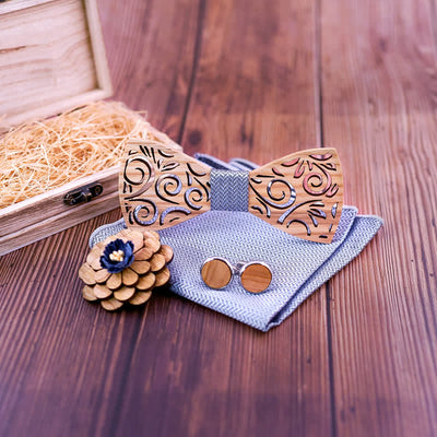 4Pcs Men's Hollow Leaf Design Wooden Bow Tie Set