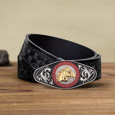 Men's DIY Western Black Gold Animal Buckle Leather Belt