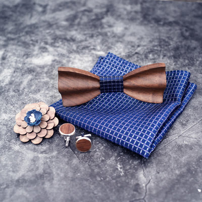 4Pcs Men's Black Walnut Wooden Bow Tie Set