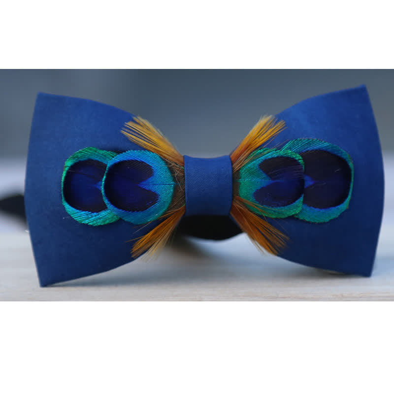 Navy Blue Peacock Tail Big Eye Feather Bow Tie