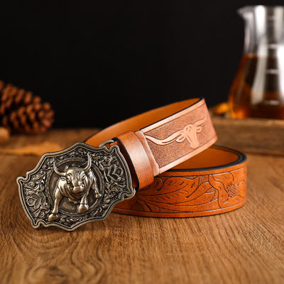 Men's Yak Matador Style Bull Buckle Leather Belt